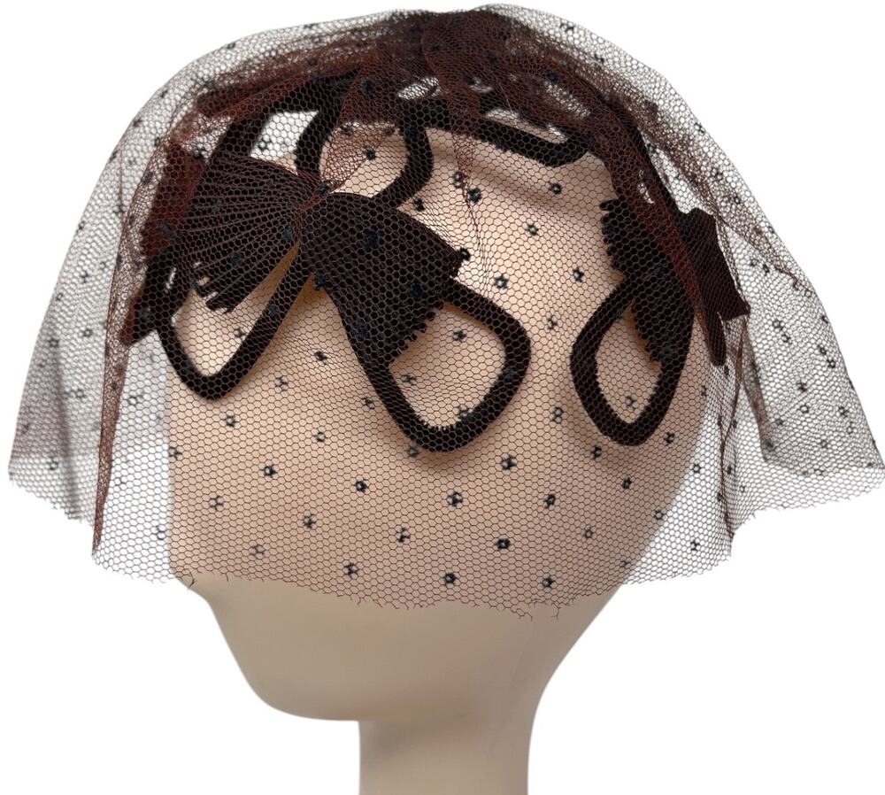 Vintage 1950s Veiled Black Cocktail Hat Fascinator Brown Net Bow Millinery